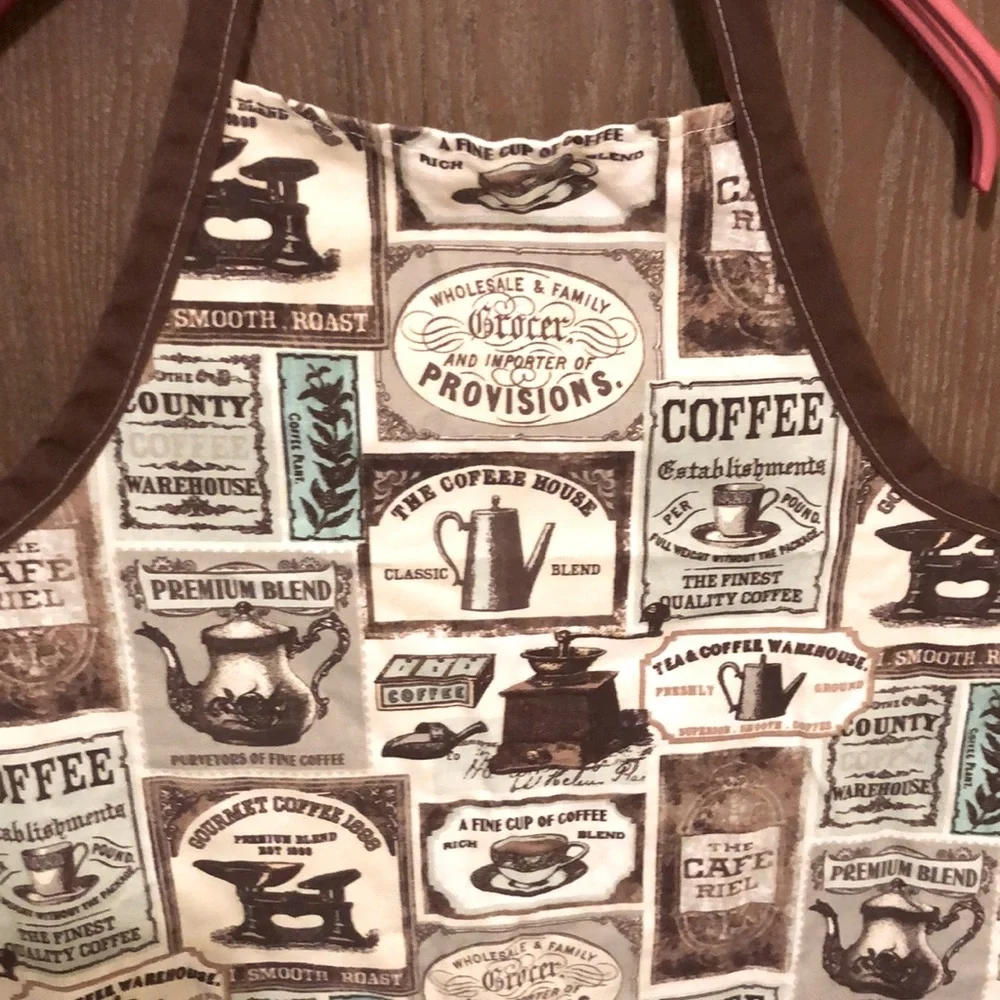 Coffee Motif Cotton Apron - 25”x28”, each waist tie is 24” long